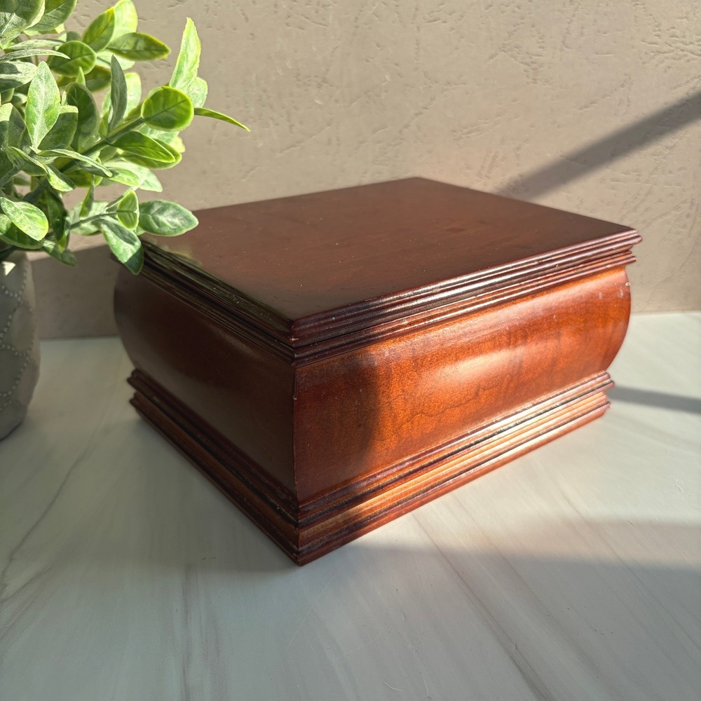 Vintage Wood Jewelry Box Cherry Finish Two Tier Velvet Lined Ring Organizer